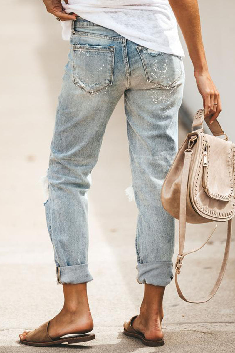 Women's Straight Leg Jeans - High Waist - Distressed Ripped Denim - Cuffed Hem Casual Wear