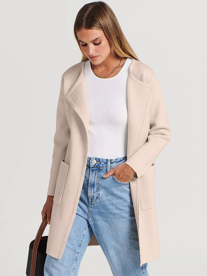 Women’s Knee-Length Coat – Wool Blend – Relaxed Fit – Wide Lapel – Patch Pockets