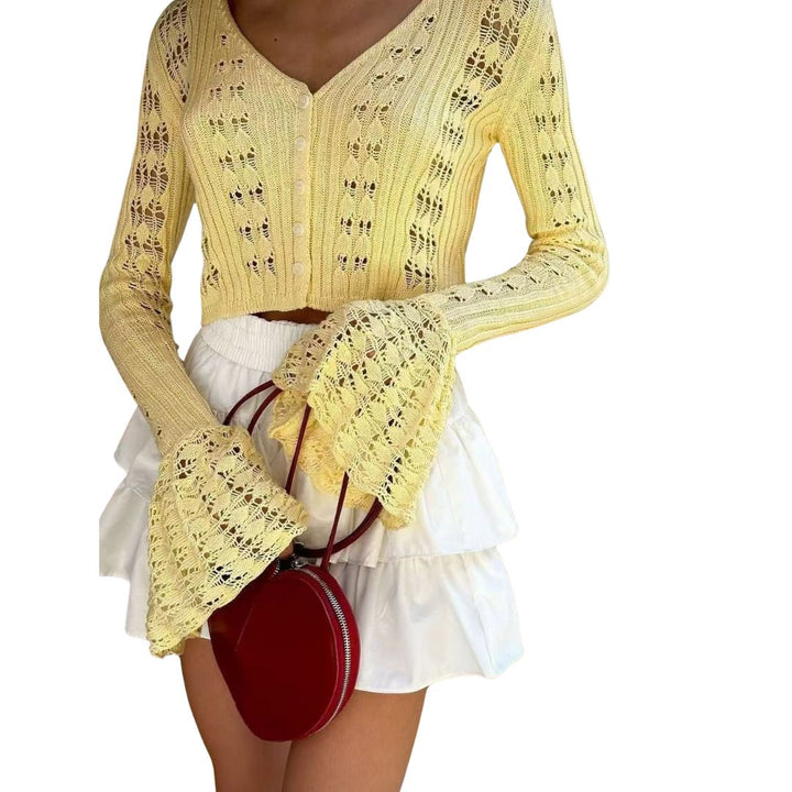 Vestea | Women's Elegant Crochet Cardigan - V-Neck with Button Placket