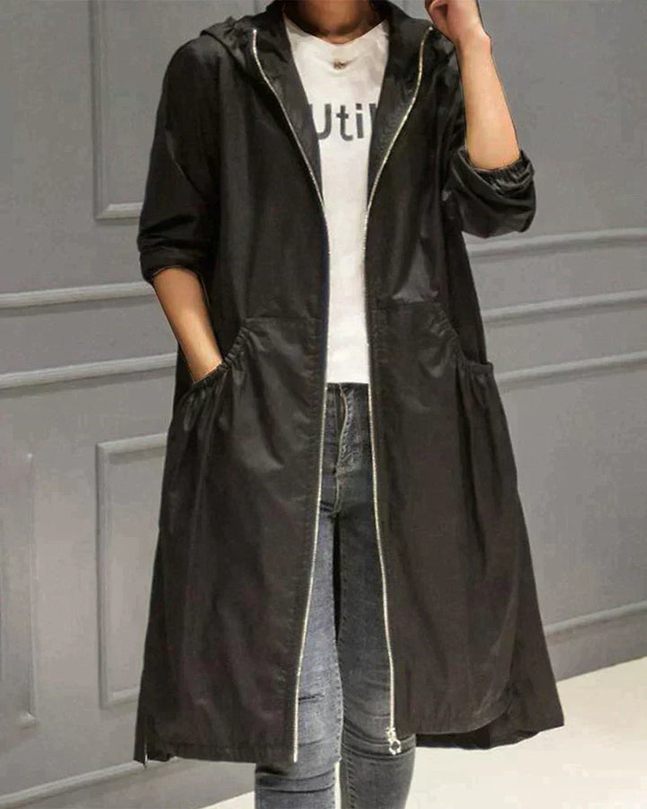 Women’s Hooded Jacket – Waterproof Lightweight – Relaxed Fit – Knee Length – Zip Closure