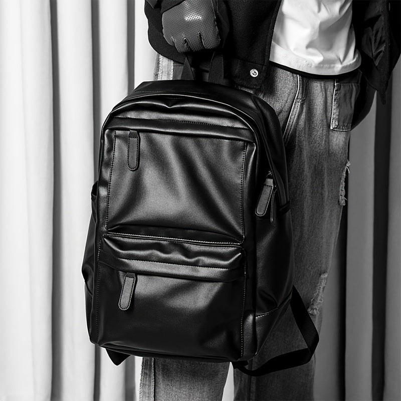 Men's Black Waterproof Leather Travel Backpack - Durable & Organised