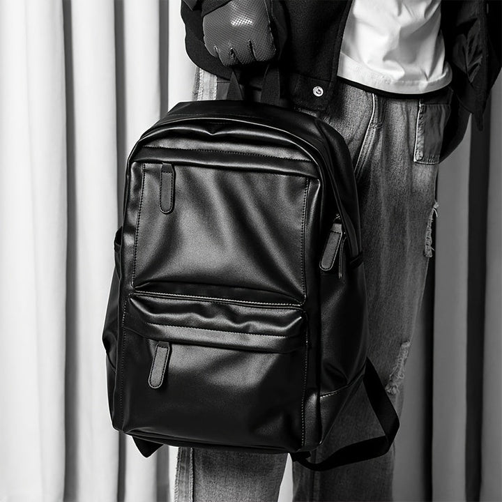 Men's Black Waterproof Leather Travel Backpack - Durable & Organised