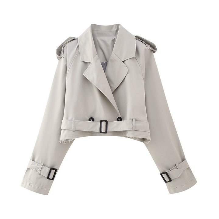 Women’s Cropped Trench Coat – Relaxed Fit – Double-Breasted – Belted Cuffs – Boxy Silhouette