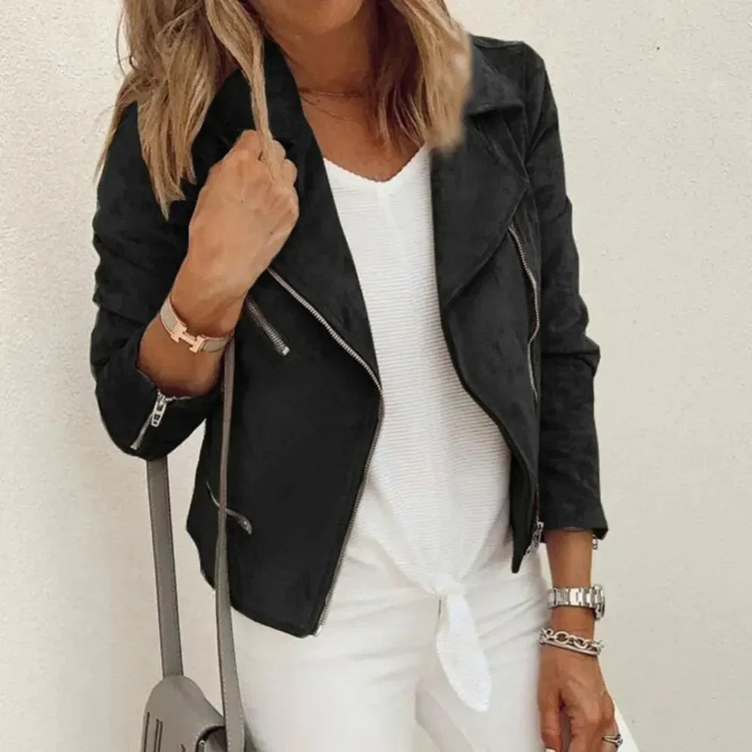 Women's Suede Moto Jacket - Asymmetrical Zip - Tailored Fit - Zippered Pockets