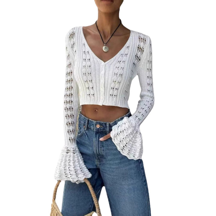 Vestea | Women's Elegant Crochet Cardigan - V-Neck with Button Placket