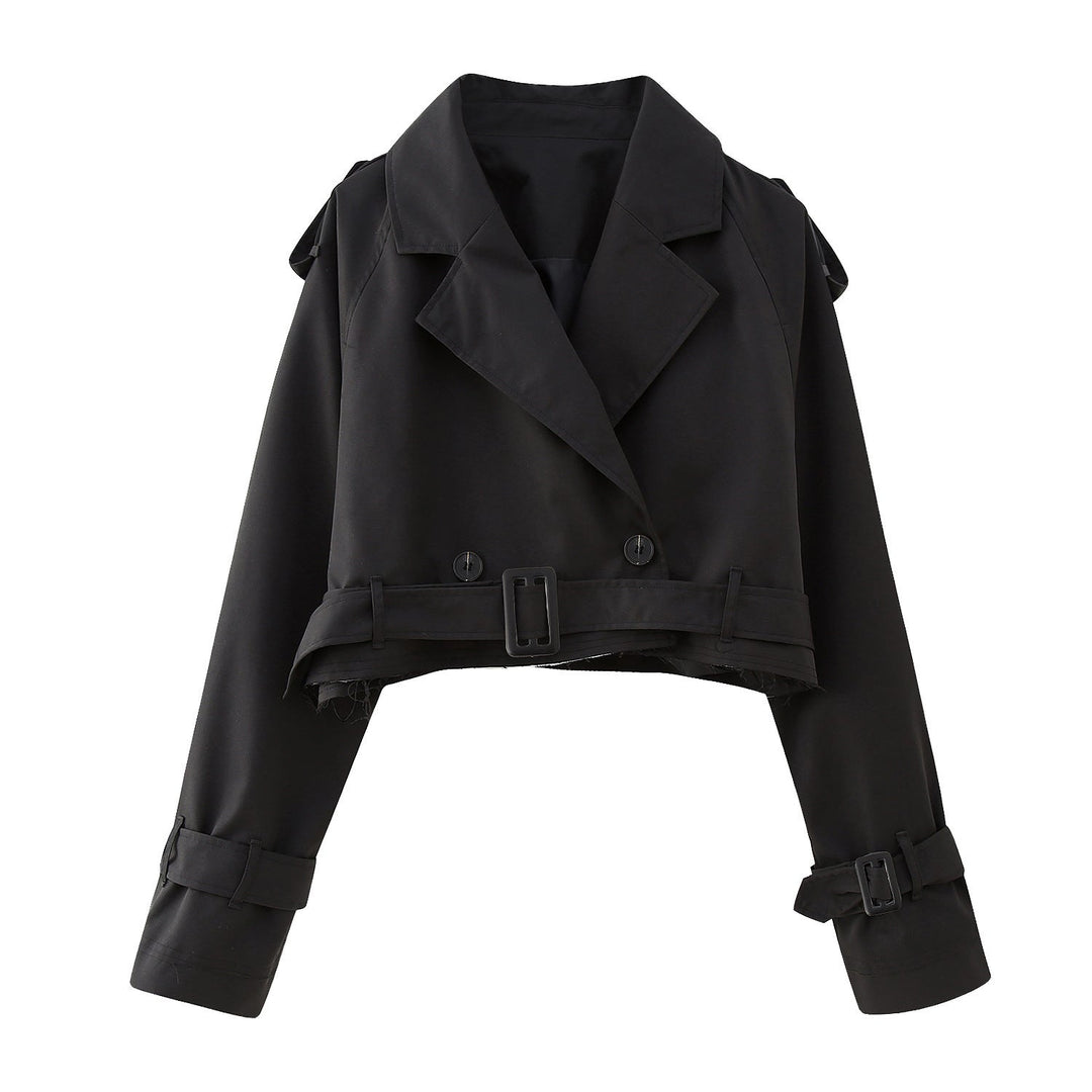 Women’s Cropped Trench Coat – Relaxed Fit – Double-Breasted – Belted Cuffs – Boxy Silhouette