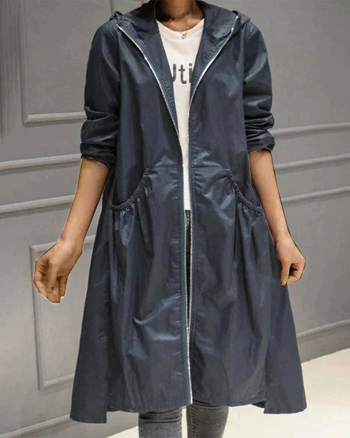 Women’s Hooded Jacket – Waterproof Lightweight – Relaxed Fit – Knee Length – Zip Closure