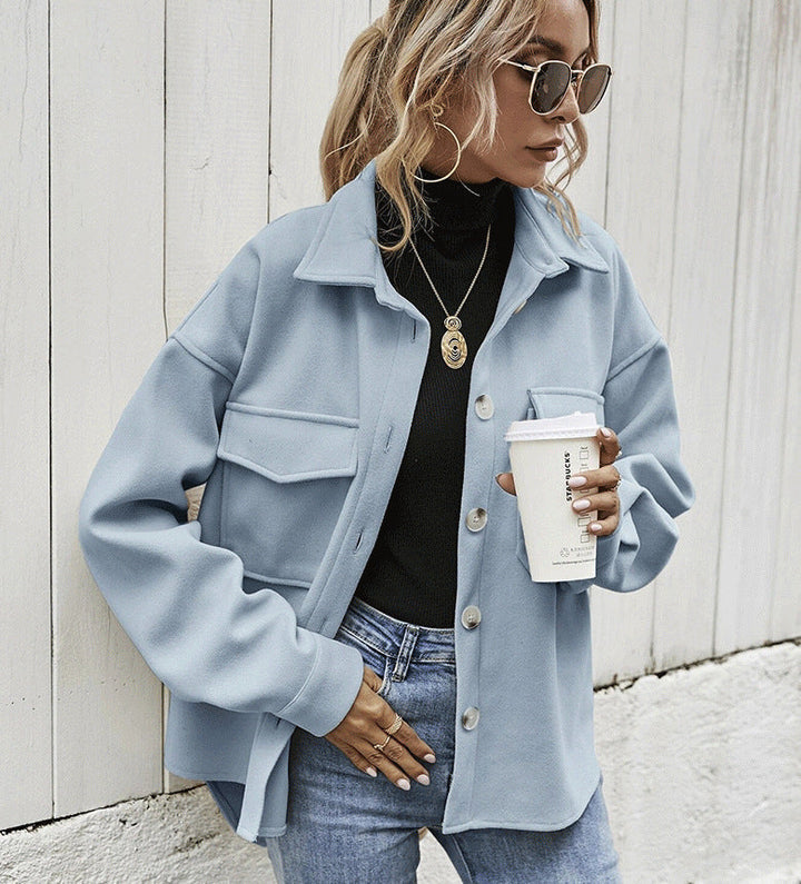 Women’s Oversized Jacket – Wool Blend – Button Front – Chest Flap Pockets – Dropped Shoulder