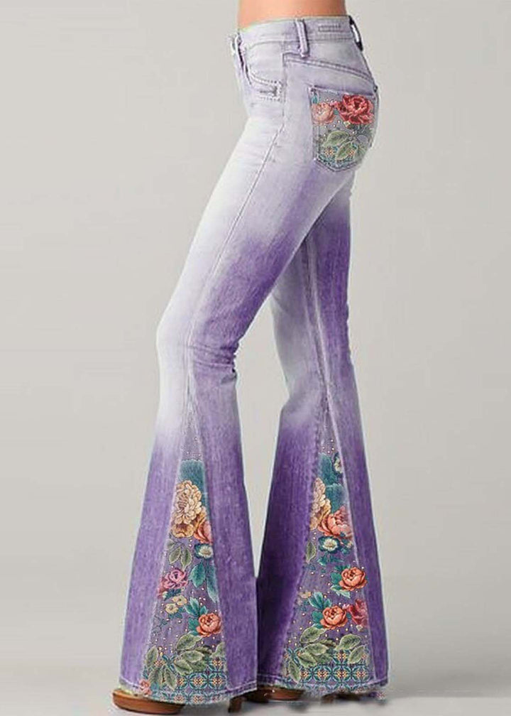 Women’s Flare Jeans – High Waist – Embroidered Patchwork – Retro Boho Style – Full Length