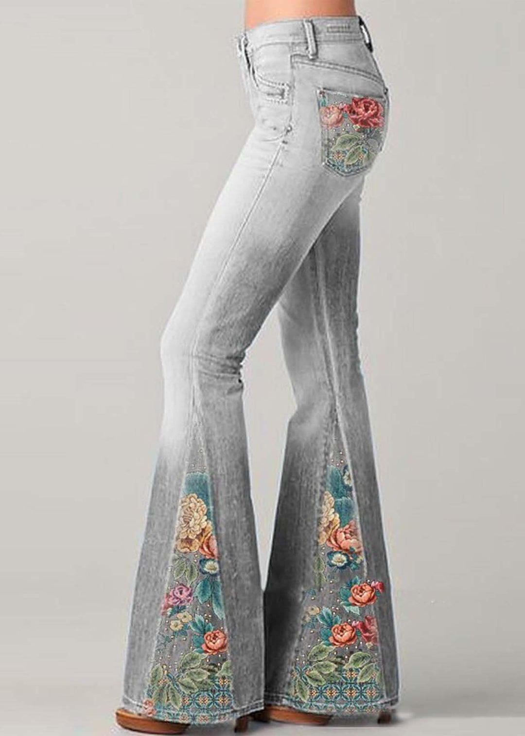 Women’s Flare Jeans – High Waist – Embroidered Patchwork – Retro Boho Style – Full Length