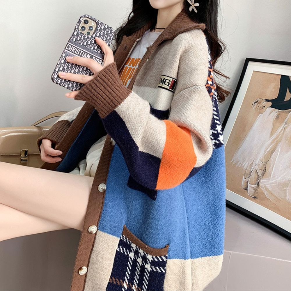 Women's Oversized Cardigan - Button-Up Knit - Patchwork Design - Ribbed Cuffs & Hem