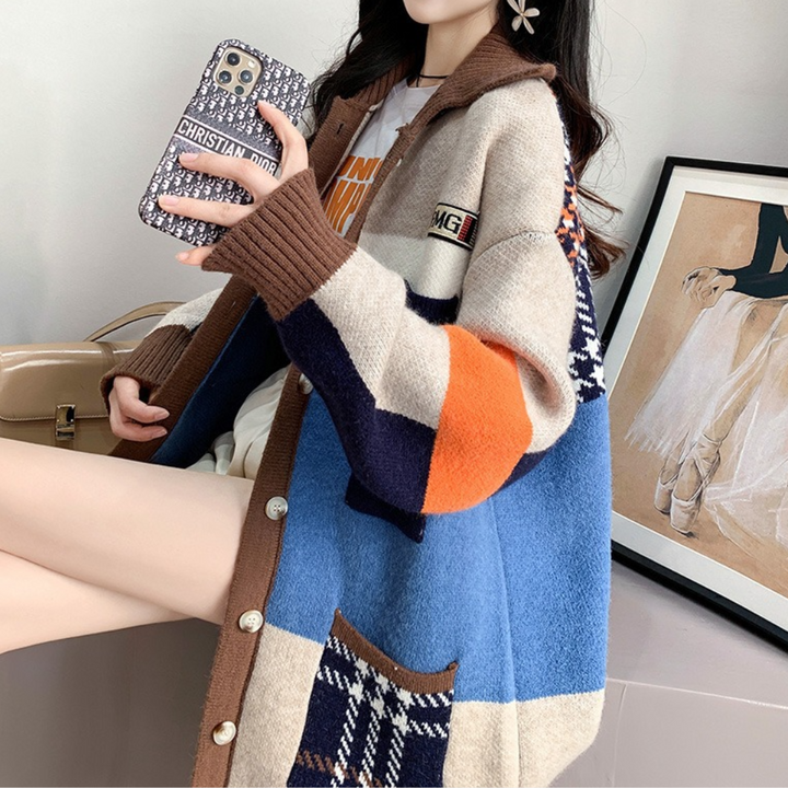 Women's Oversized Cardigan - Button-Up Knit - Patchwork Design - Ribbed Cuffs & Hem