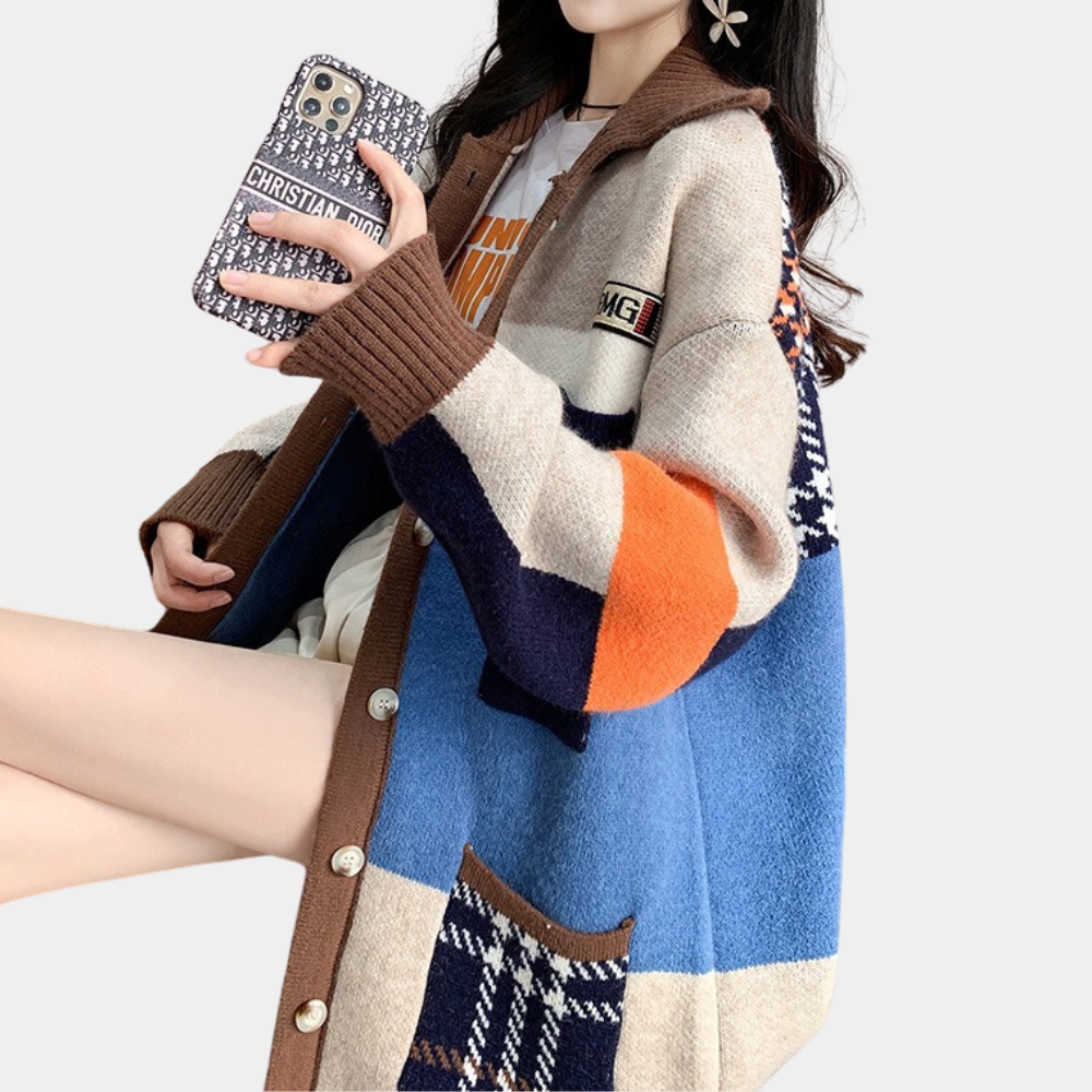 Women's Oversized Cardigan - Button-Up Knit - Patchwork Design - Ribbed Cuffs & Hem