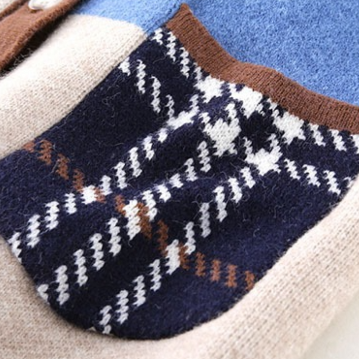 Women's Oversized Cardigan - Button-Up Knit - Patchwork Design - Ribbed Cuffs & Hem
