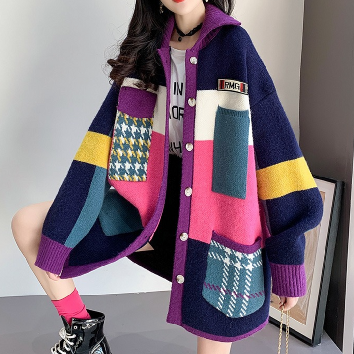 Women's Oversized Cardigan - Button-Up Knit - Patchwork Design - Ribbed Cuffs & Hem