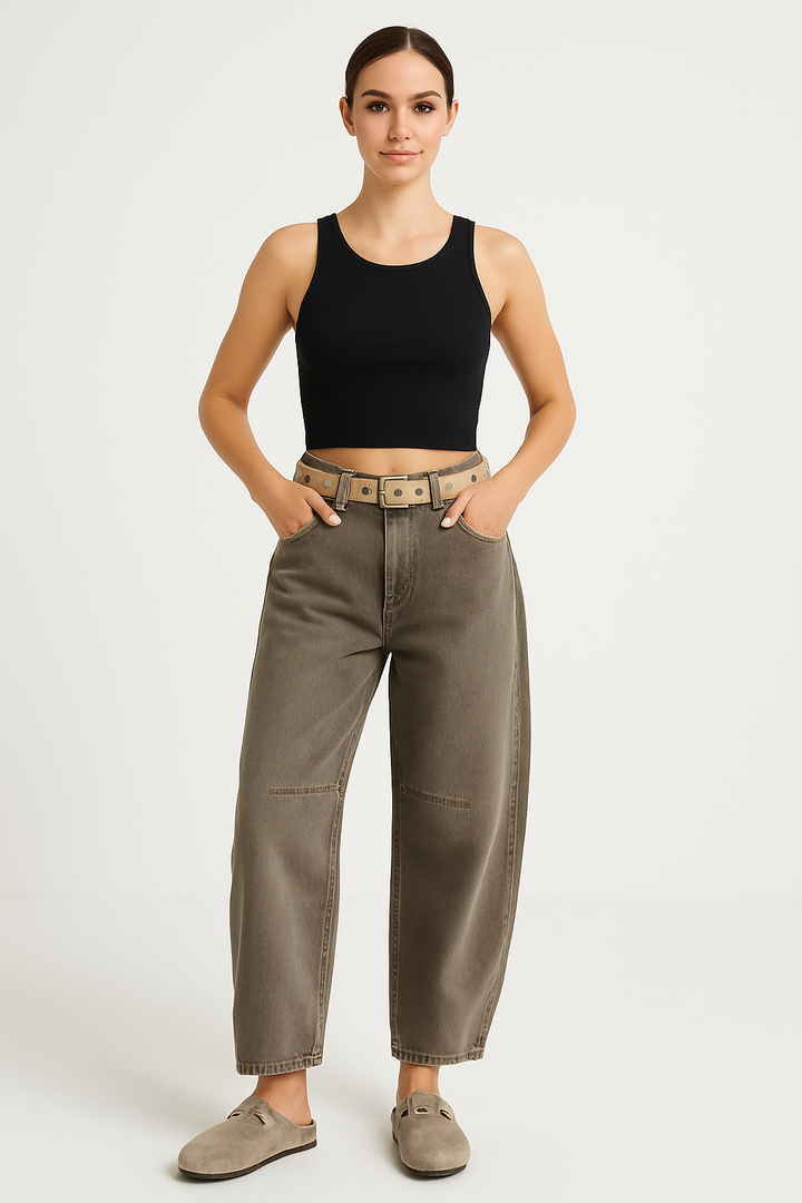 Women’s Barrel-Leg Jeans – Relaxed Fit – Full Length – Animal Print Denim Casual Wear