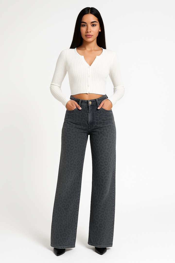 Women’s Jeans – High Waist – Slim Fit – Straight Leg – Leopard Print Denim