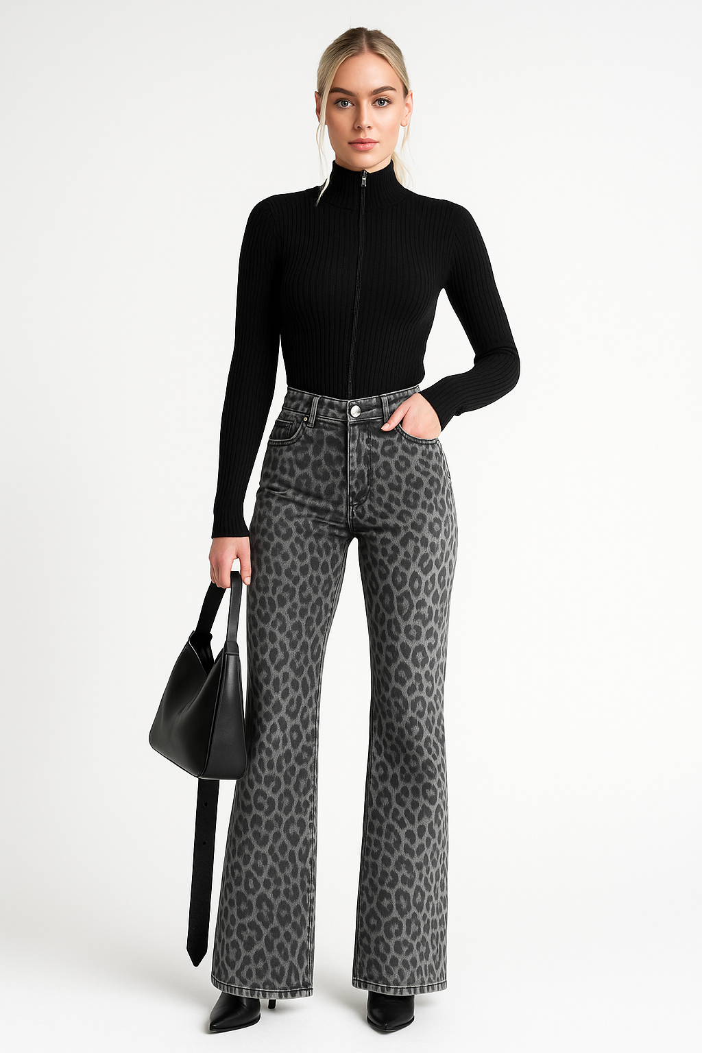 Women’s Jeans – High Waist – Slim Fit – Straight Leg – Leopard Print Denim