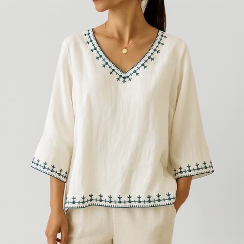 Nesta – Embroidered V-Neck Blouse