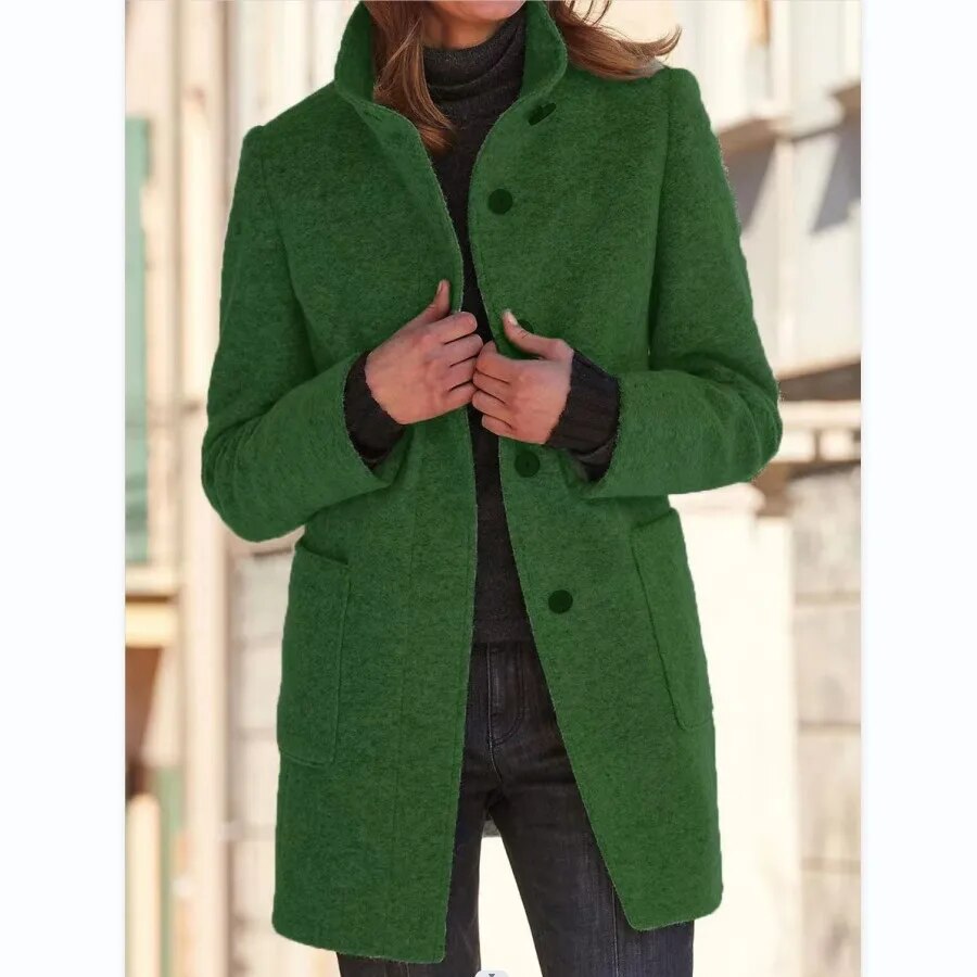 Gray Wool Coat with Stand Collar and Pockets