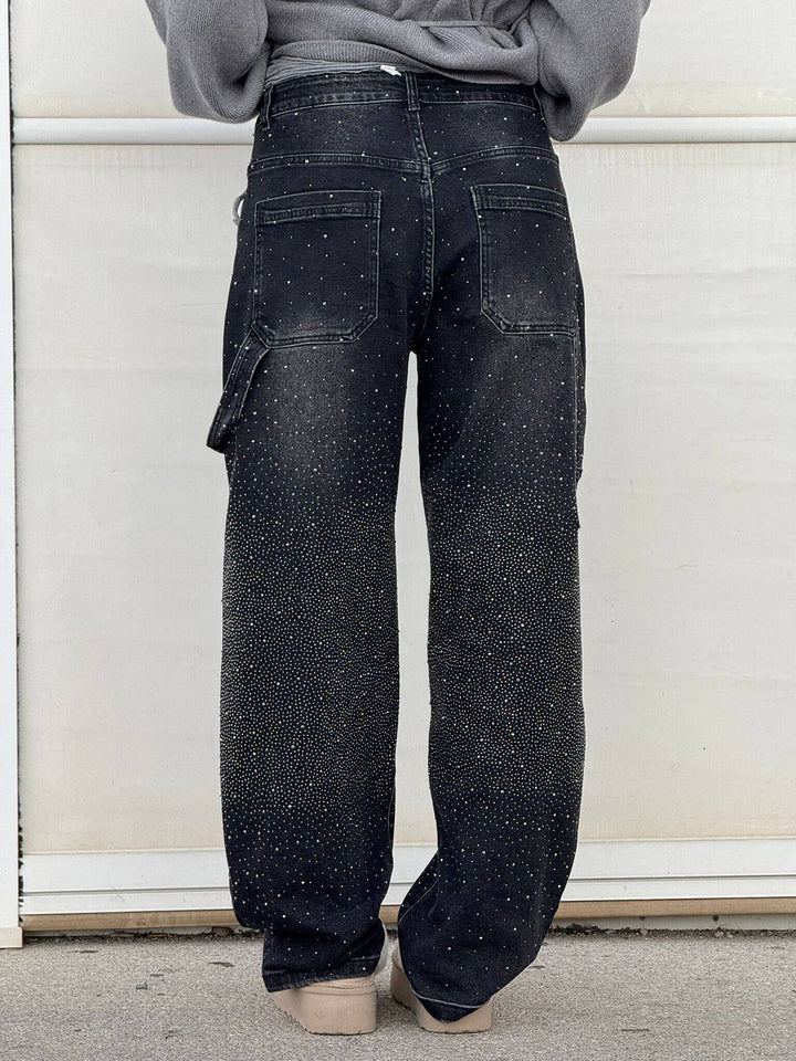Women’s Jeans – Balloon Fit – Sparkling Embellished Details – Full Length Denim