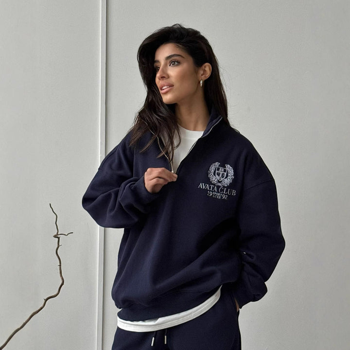 Delilah | Women’s Stylish Oversized Sweatshirt - Half Zip, Embroidered Detail