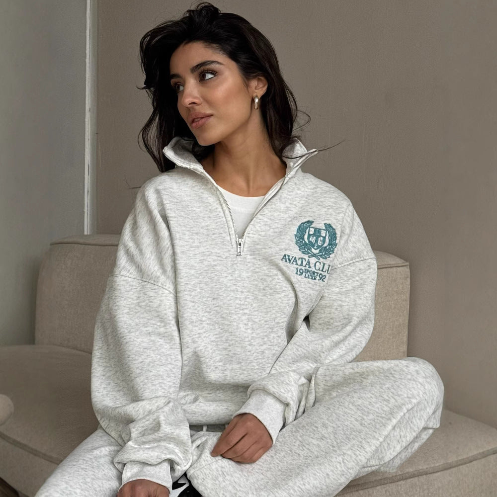 Delilah | Women’s Stylish Oversized Sweatshirt - Half Zip, Embroidered Detail