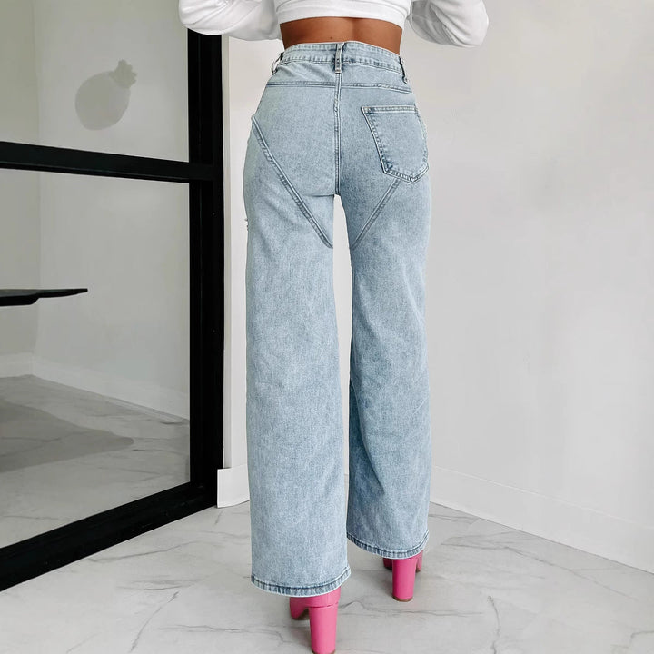 Women’s Straight-Leg Jeans – High Waist – Distressed Thigh – Chain Detail – Denim