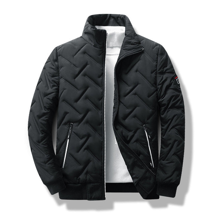 Men’s Quilted Jacket – Slim Fit – Chevron Pattern – Stand Collar – Zippered Pockets