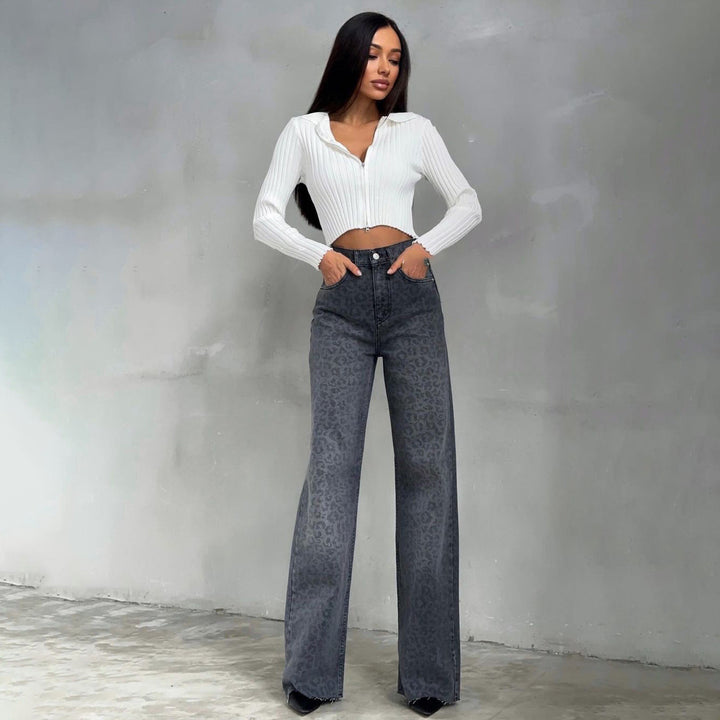 Women’s Jeans – High Waist – Slim Fit – Straight Leg – Leopard Print Denim