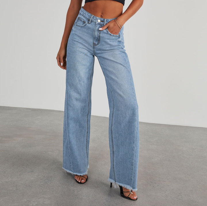 Women’s Wide-Leg Jeans – Sturdy Denim – Relaxed Fit – Raw Hem – Floor-Length Casual Wear