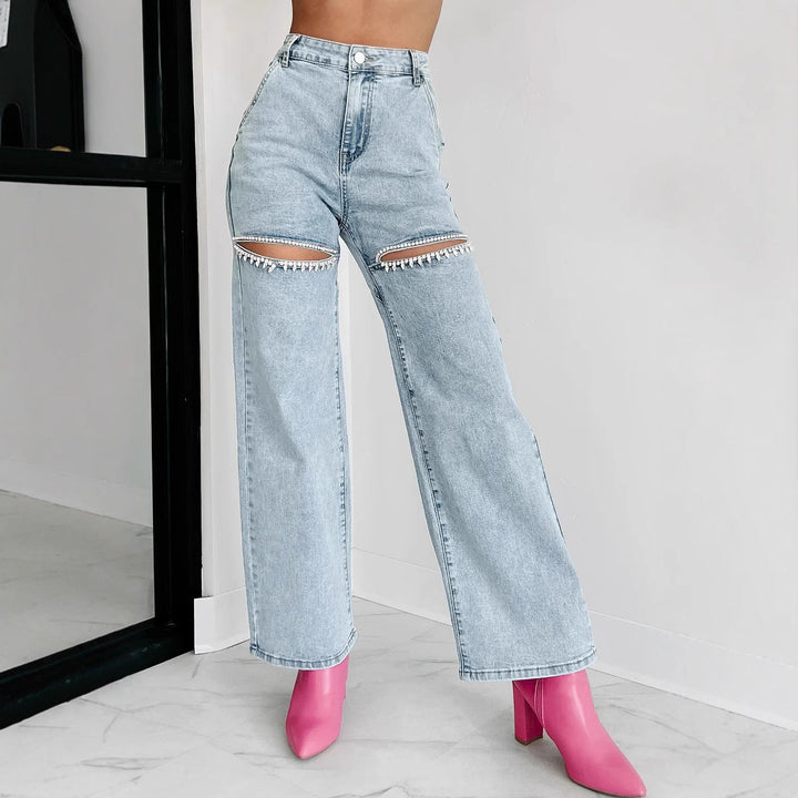 Women’s Straight-Leg Jeans – High Waist – Distressed Thigh – Chain Detail – Denim