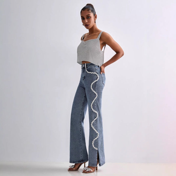 Women’s Straight Leg Jeans – Relaxed Fit – Rhinestone Wavy Side Detail – Full Length
