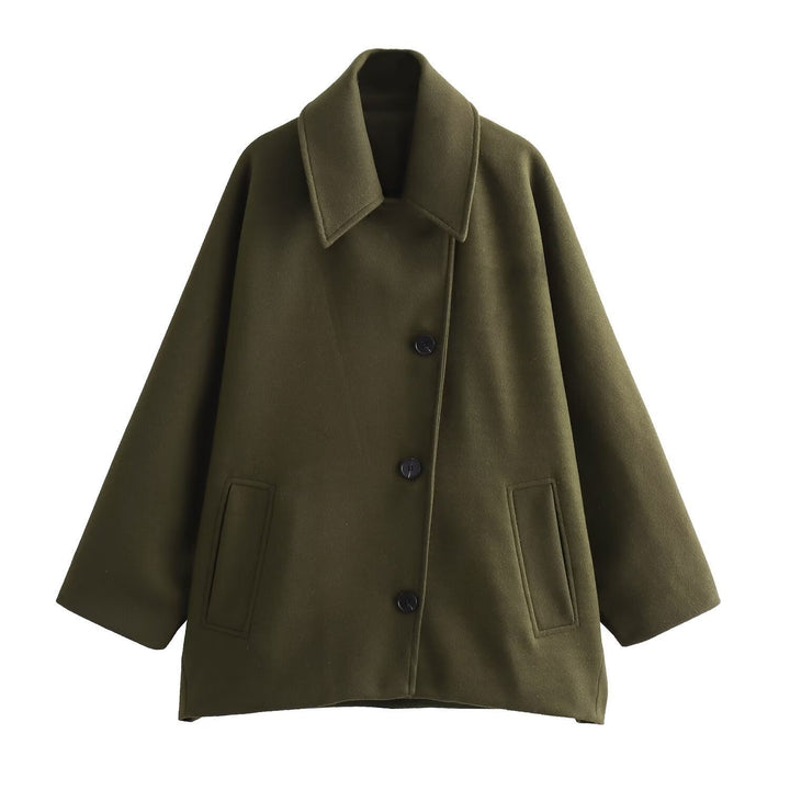 Women’s Wool Jacket – Oversized Fit – Button Front – Wide Collar – Hip Length Casual