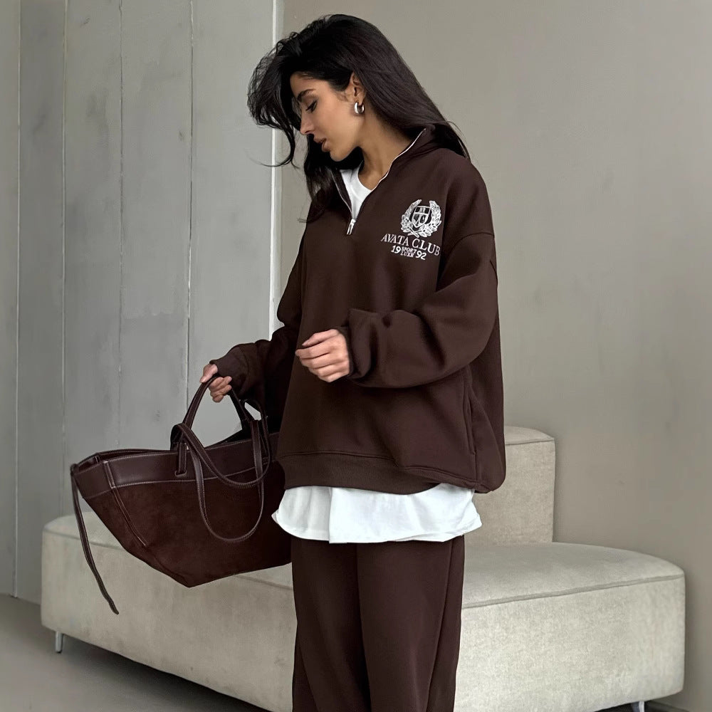 Delilah | Women’s Stylish Oversized Sweatshirt - Half Zip, Embroidered Detail