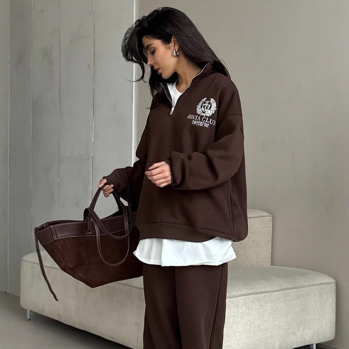 Delilah | Women’s Stylish Oversized Sweatshirt - Half Zip, Embroidered Detail