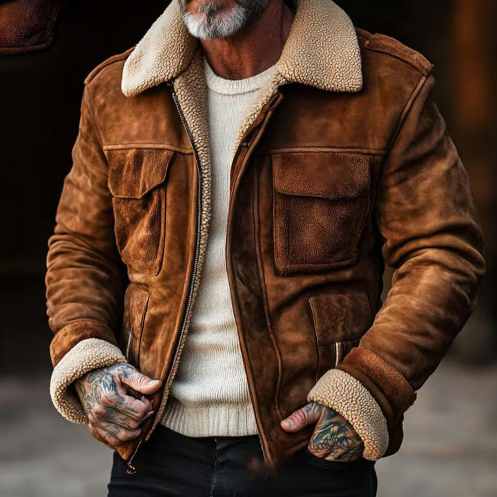 Men’s Shearling Jacket – Suede-Like Outer – Structured Fit – Zip Front – Flap Pockets