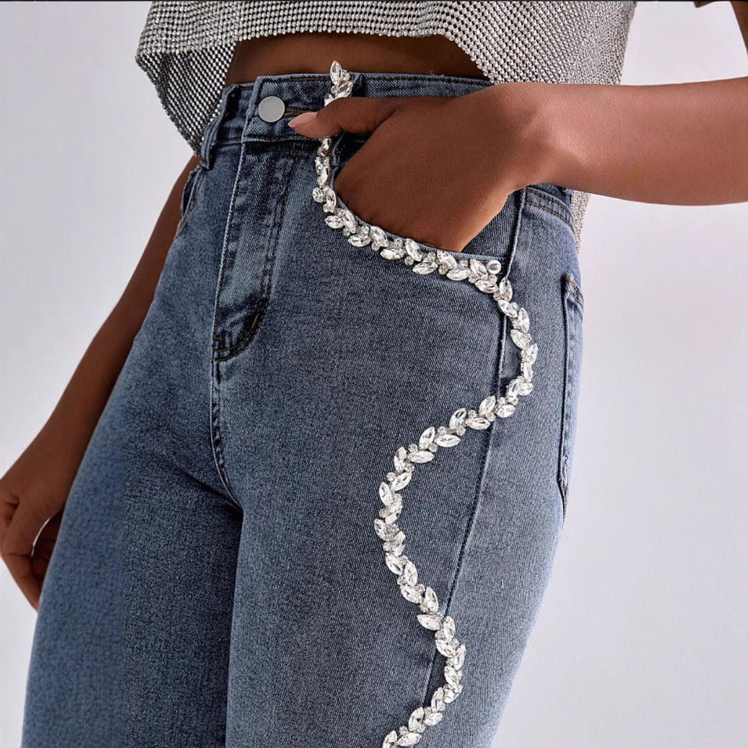Women’s Straight Leg Jeans – Relaxed Fit – Rhinestone Wavy Side Detail – Full Length
