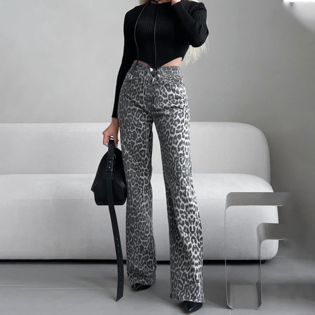 Women’s Jeans – High Waist – Slim Fit – Straight Leg – Leopard Print Denim