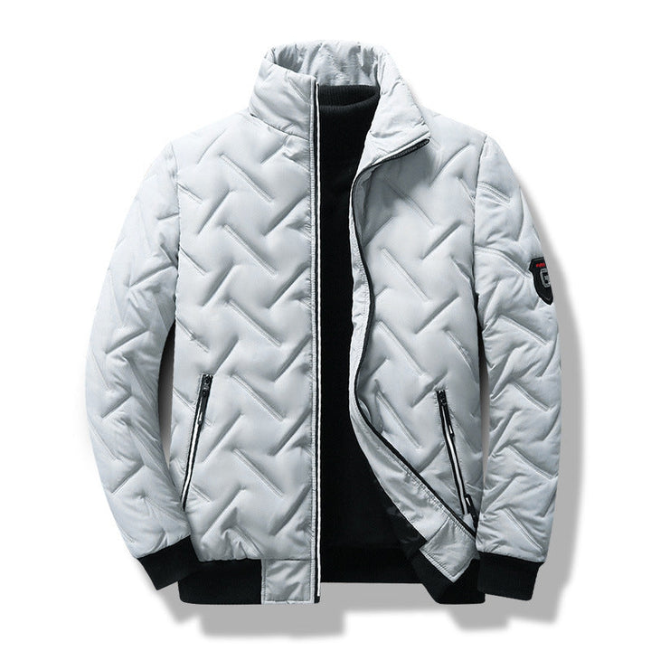 Men’s Quilted Jacket – Slim Fit – Chevron Pattern – Stand Collar – Zippered Pockets