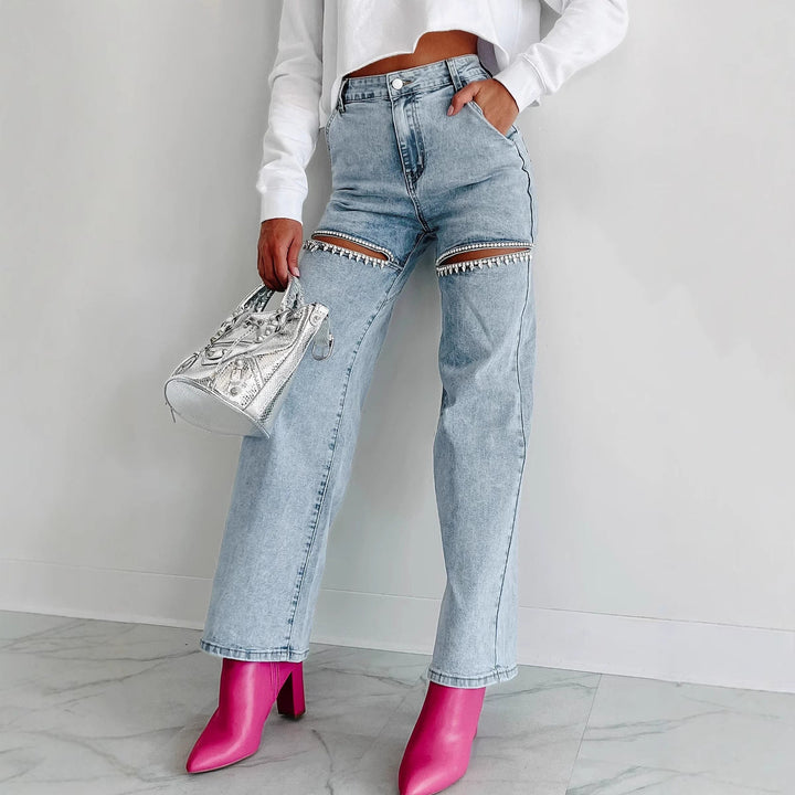Women’s Straight-Leg Jeans – High Waist – Distressed Thigh – Chain Detail – Denim