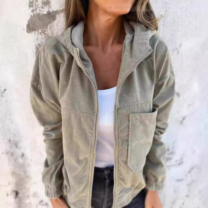 Women’s Hooded Jacket – Relaxed Fit – Ribbed Texture – Zip Front – Casual Style