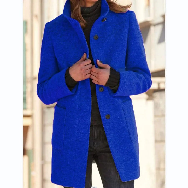 Gray Wool Coat with Stand Collar and Pockets