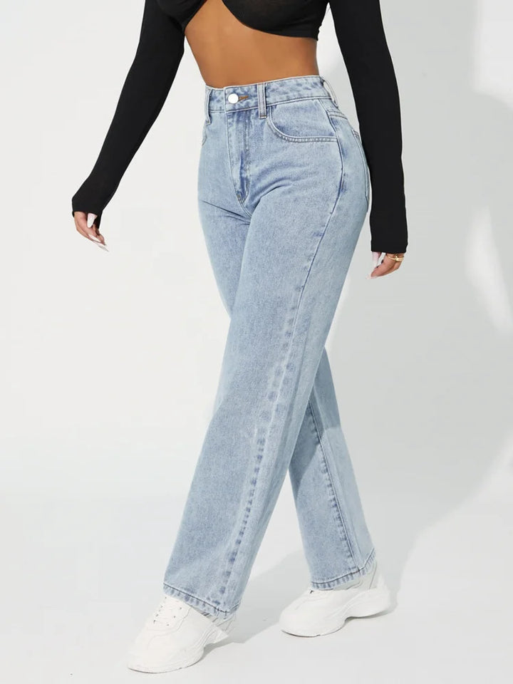 Women's High-Waisted Straight-Leg Jeans - Classic Denim - Button & Zip Closure