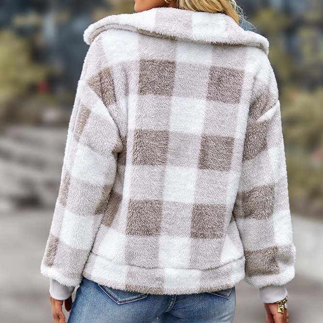 Women's Sherpa Fleece Jacket - Checkered Pattern - Button Front - Relaxed Fit