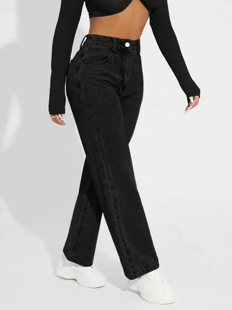 Women's High-Waisted Straight-Leg Jeans - Classic Denim - Button & Zip Closure