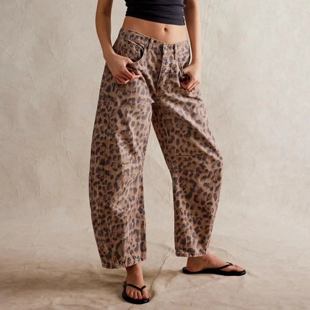 Women’s Barrel-Leg Jeans – Relaxed Fit – Full Length – Animal Print Denim Casual Wear