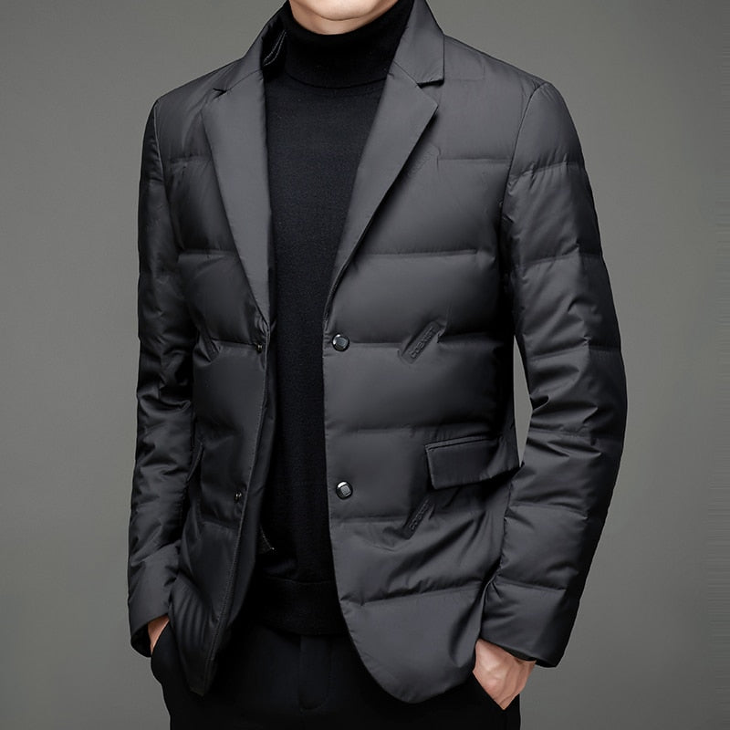 Men’s Puffer Blazer Jacket – Tailored Fit – Quilted Insulation – Water-Resistant – Notched Lapels