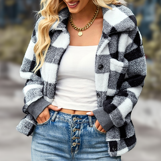 Women's Sherpa Fleece Jacket - Checkered Pattern - Button Front - Relaxed Fit