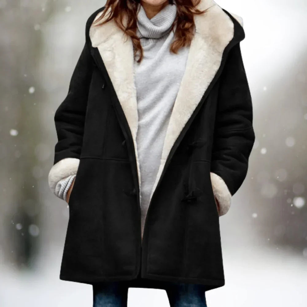 Women's Shearling Coat - Suede Exterior - Plush Lining - Oversized Fit - Hooded & Warm